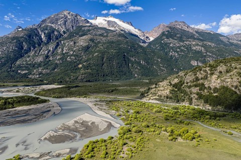 Road Carretera Austral, gravel road along river Rio Baker, south of Cochrane, aerial view,