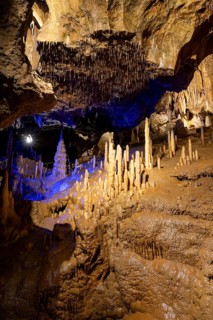 Stalagmites and stalactites in a cave, Devil's Cave Pottenstein, Franconian Switzerland, Franconia,