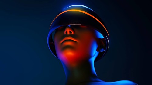 A humanoid wearing virtual goggles experiences an augmented world filled with artificial