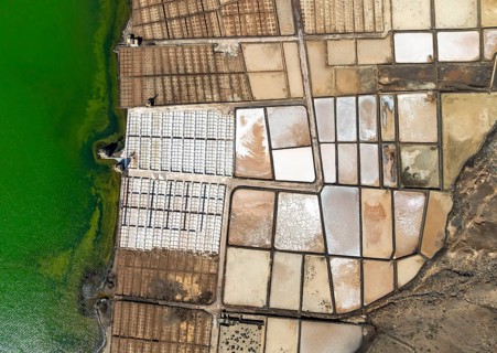 Salt mining plant, Salinas de Janubio, top-down, near Yaiza, drone shot, Lanzarote, Canary Islands,