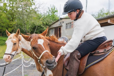 A girl wearing a helmet caresses a horse while sitting in the saddle on a sunny farm day. The young
