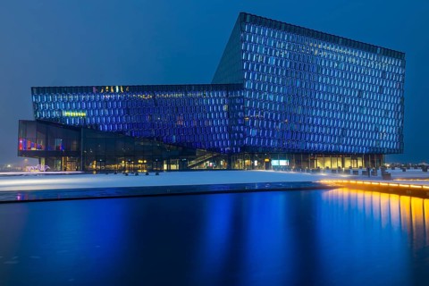 Harpa concert hall, Tónlistar- og ráðstefnuhúsið í Reykjavík, reflection, blue hour, winter,