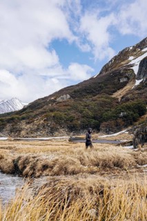 Woman hikes through grassland, Glaciar Vinciguerra, Ushuaia, Tierra del Fuego Province, Argentina,