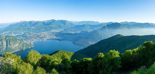 View of Lake Lugano and Lugano from Mount Sighignola, Balcone Svizzero, Tessin, Switzerland
