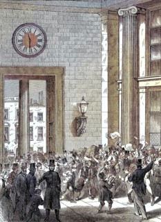 Before close of post on Friday evening in London, England, coloured woodcut from 1864