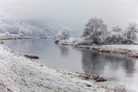 Landscape with River Weser near Wesertal in winter, district of Kassel, Hesse, Germany