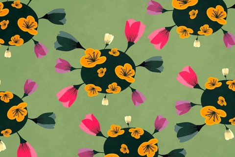 A seamless pattern illustration featuring elegant flower designs in a color palette of green, pink,