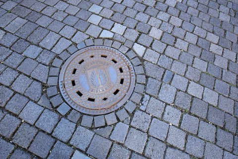 Round manhole cover and paving stones, floor, Luther city Eisleben, Harz, Saxony-Anhalt, Germany