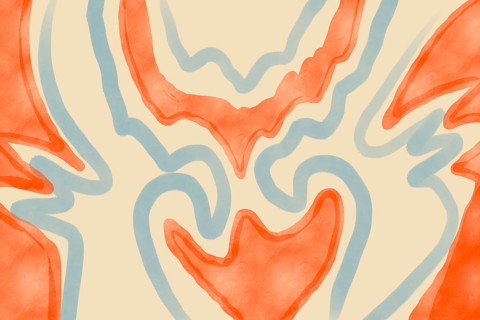 Abstract organic pattern featuring fluid lines in soft blue and warm orange, set against a gentle