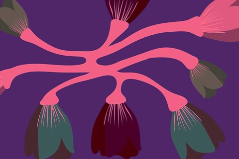 A vibrant abstract illustration featuring stylized flowers with overlapping petals in shades of