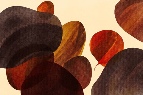 This artwork features smooth shapes in warm colors of brown, orange, and red, creating a dynamic