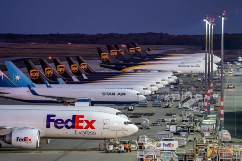 Cologne-Bonn airport, CGN, air freight center, UPS Logisic Hub, UPS cargo aircraft on the apron,