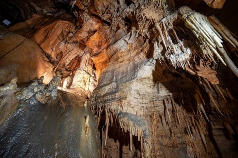 Stalactites and stalagmites, rock formations in a stalactite cave, Grotta del Fico, Gulf of Orosei,