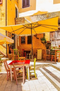 Street cafe in Via Cavour, Capoliveri, Elba Island, Tuscan Archipelago National Park, Tuscany,