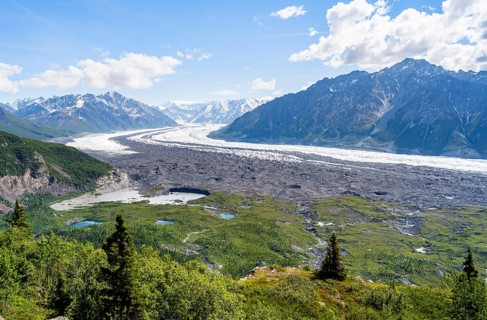 View of impressive mountain landscape with the Matanuska Glacier tongue, Lion's Head, Chugach