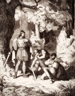 Liutprand, King of the Lombards from 712 to 744, pardoning two armigers that had planned a plot