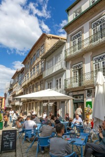 Historic medieval buildings in city centre, Rua Rainha Dona Maria I, Guimaraes, northern Portugal