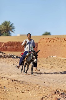 A man rides a donkey through a desert landscape with palm trees and sand dunes under a blue sky, A