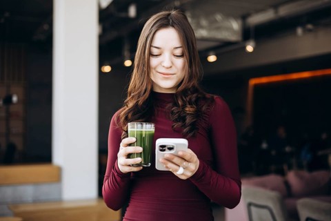 A young female student enjoys a nutritious green smoothie while holding her phone. She exhibits a