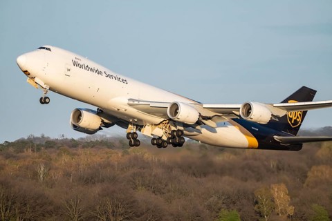 UPS cargo plane, Boeing 747-8F, jumbo jet, taking off from Cologne-Bonn Airport, CGN, North