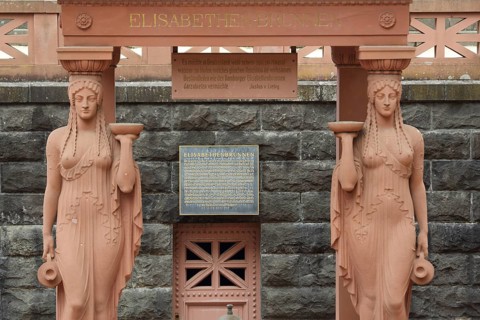Two standing Elisabethenbrunnen sculptures, inscription, spa garden, Bad Homburg, Hesse, Germany