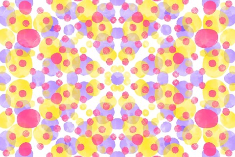 A vibrant, abstract pattern featuring overlapping watercolor circles in yellow, pink, and purple