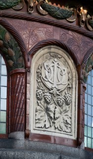 Decorated relief with hop motifs on a historic building, detail watchtower, Carlsberg Villa,