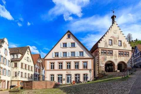Historic market square with town hall with stepped gable and half-timbered houses, Schiltach, Black