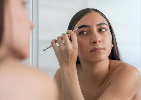 A woman stands in front of a mirror applying makeup, focusing on grooming her eyebrows. Her