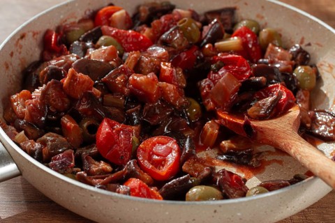 Pan with Sicilian caponata, vegetable stew, Italian cuisine, homemade, no people