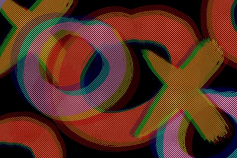 A vivid abstract artwork featuring overlapping crosses with a variety of vibrant colors and