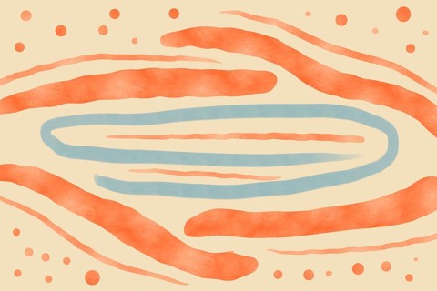 A minimalist illustration featuring fluid orange and blue lines with scattered dots on a light