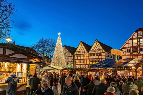Christmas market and timbering in Soest at dusk, North Rhine-Westphalia, Germany