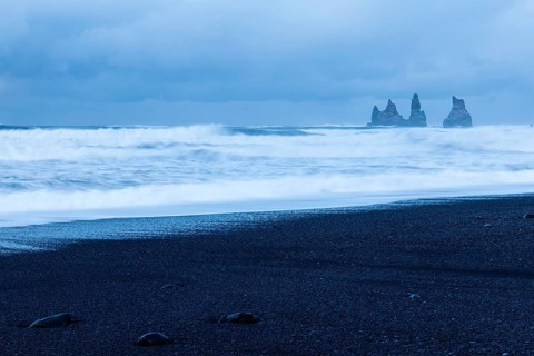 Reynisdrangar pinnacles, lava sandy beach, waves sea, snow, winter, Vik, Iceland, Scandinavia