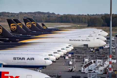 Cologne-Bonn airport, CGN, air freight center, UPS Logisic Hub, UPS cargo aircraft on the apron,