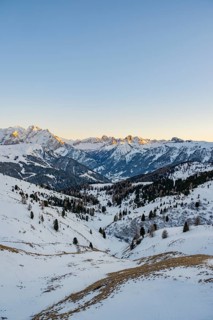 Beautiful landscape of the Mountain silhouettes of the Sexten Dolomites on a sunny winter day,