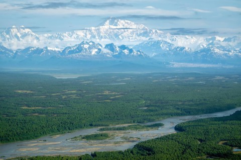 Aerial view, Mt Denali with river and forest, Alaska Range, Denali National Park, Alaska, USA