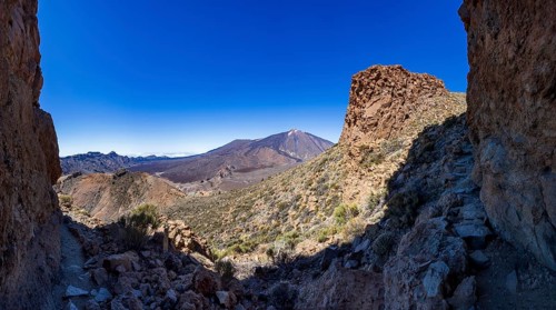 Mountain hiking on Montana Guajara, view of El Sombrero mountain, Teide National Park, Tenerife,
