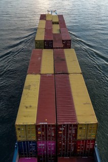 Container freighter, Amor Navi, cargo ship on the Rhine near Leverkusen, North Rhine-Westphalia,