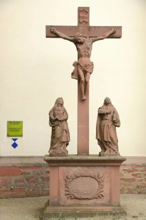 Crucifixion group in front of St. Dionysius church, monument protection sign, symbol, Sindlingen,