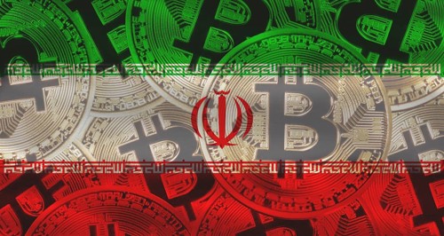 Bitcoins on Iranian flag background. Golden bitcoin coins on Iran flag background