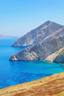 View of Folegandros Island multicolored rocks coastline, Chora, Folegandros Island, Cyclades