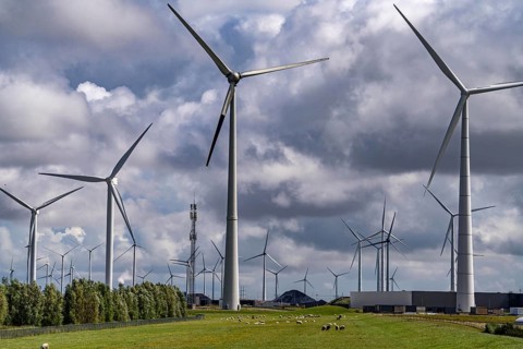 Wind farms Westereems and Growind, in the north of the Netherlands, near Eemshaven, energy centre,