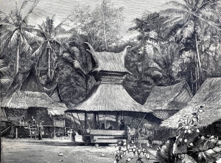 German tobacco plant in Sumatra, 1890, workers' village, illustration, reproduction from a model