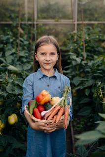 A young girl in a blue dress smiles while holding a basket of vibrant, fresh vegetables. She stands