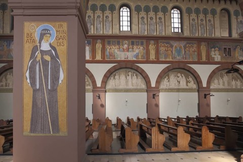 Monastery church with wall painting by abbess Saint Hildegard of Bingen 1089-1179 with episcopal