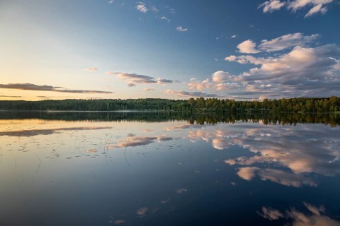 Clouds reflected on the water surface, forest lake, evening mood, at Sunne, Sweden