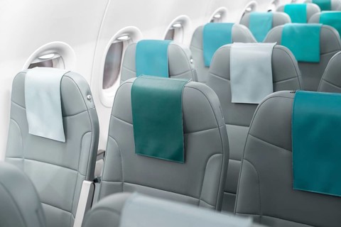 The image showcases the interior of an airplane cabin, featuring rows of modern grey seats with