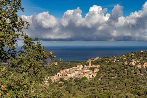 The village of Aregno seen from above, Balagne, Corsica, France