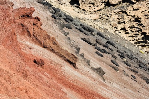 Cliff, slope, different coloured volcanic rock, full size, El Golfo, Lanzarote, Spain